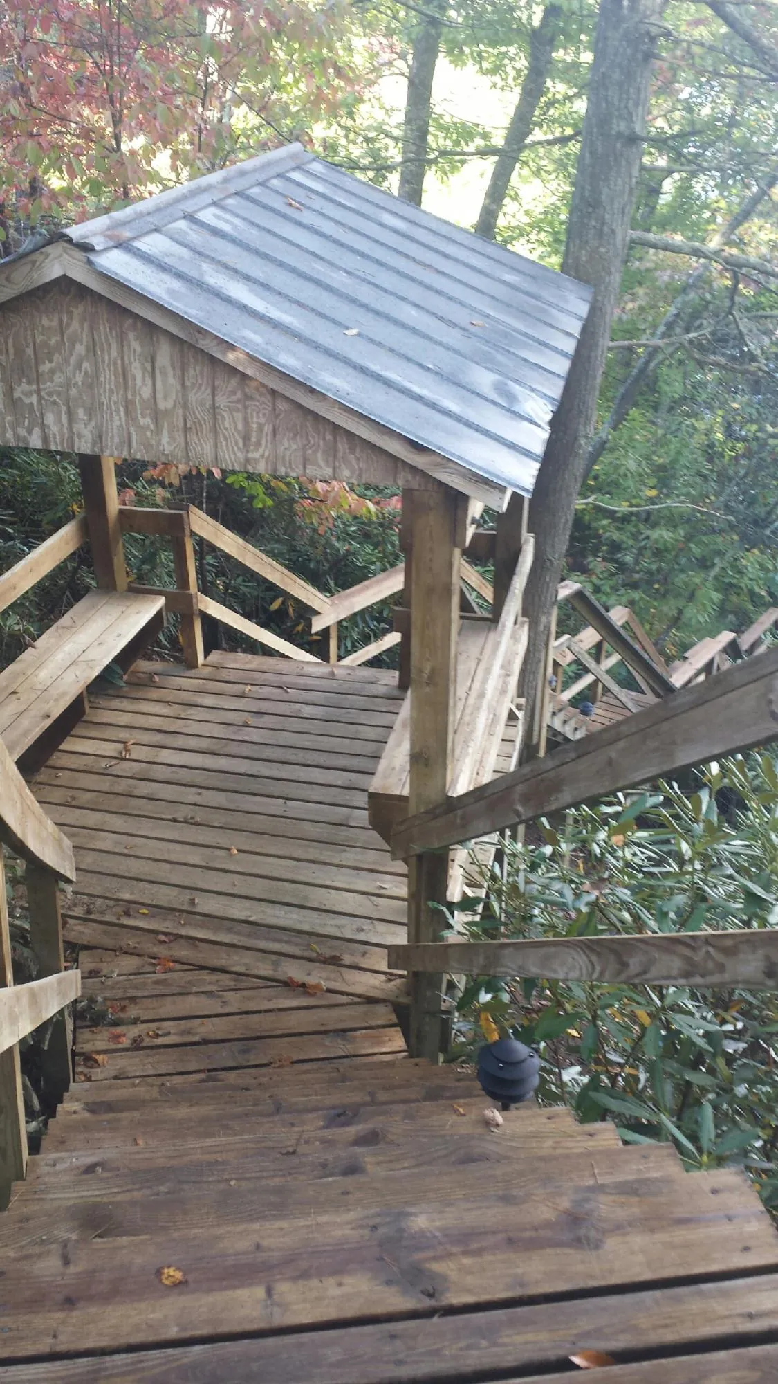 Metal roofed shelter over wooden steps on a wooded walkway — Skylight Repair & Installation work by our crew in Cement